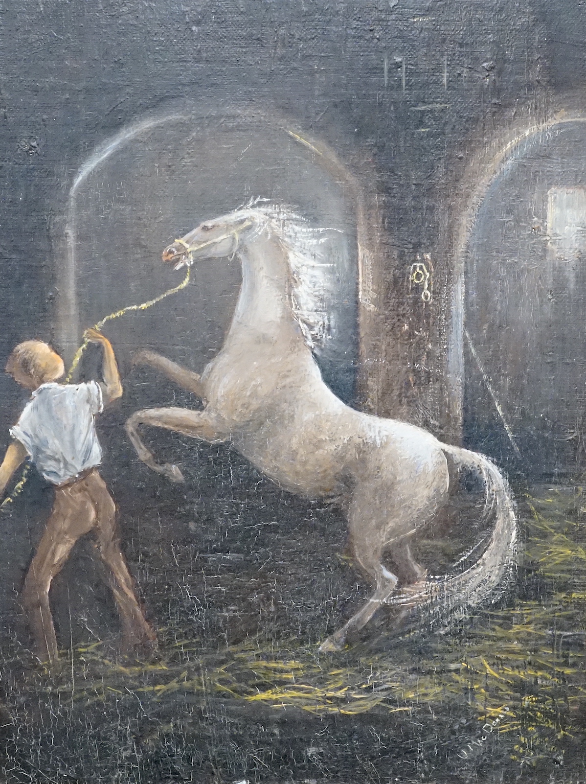 Ursula MacDonald (b.1903), oil on canvas board, Horse and groom, signed, 40 x 29cm